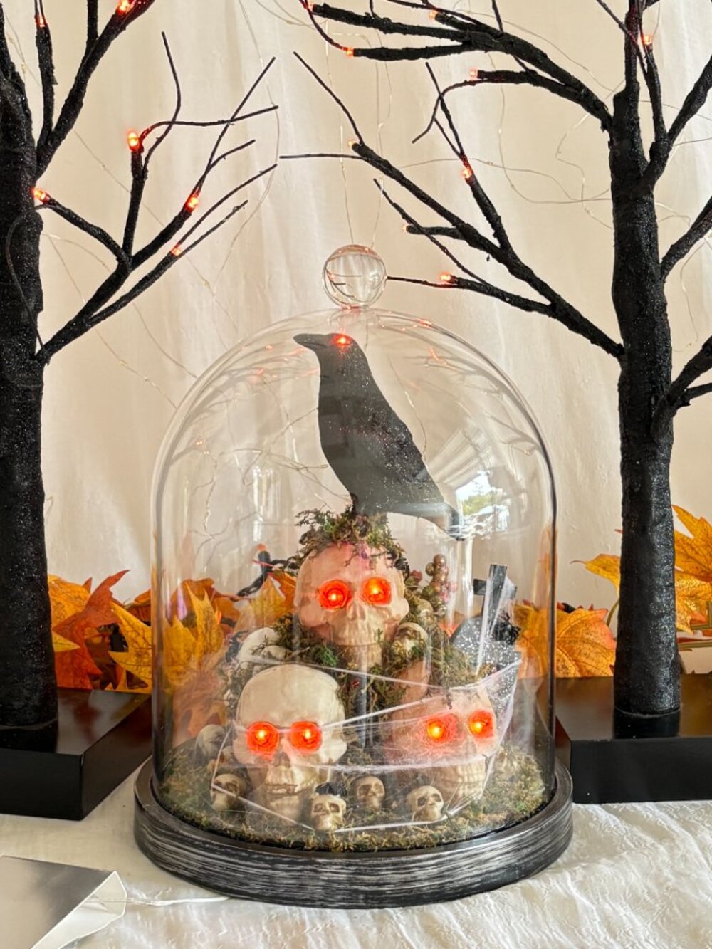 Stunning Large Halloween LED Raven Skulls Spiders & Graveyard Cloche Decor 13"